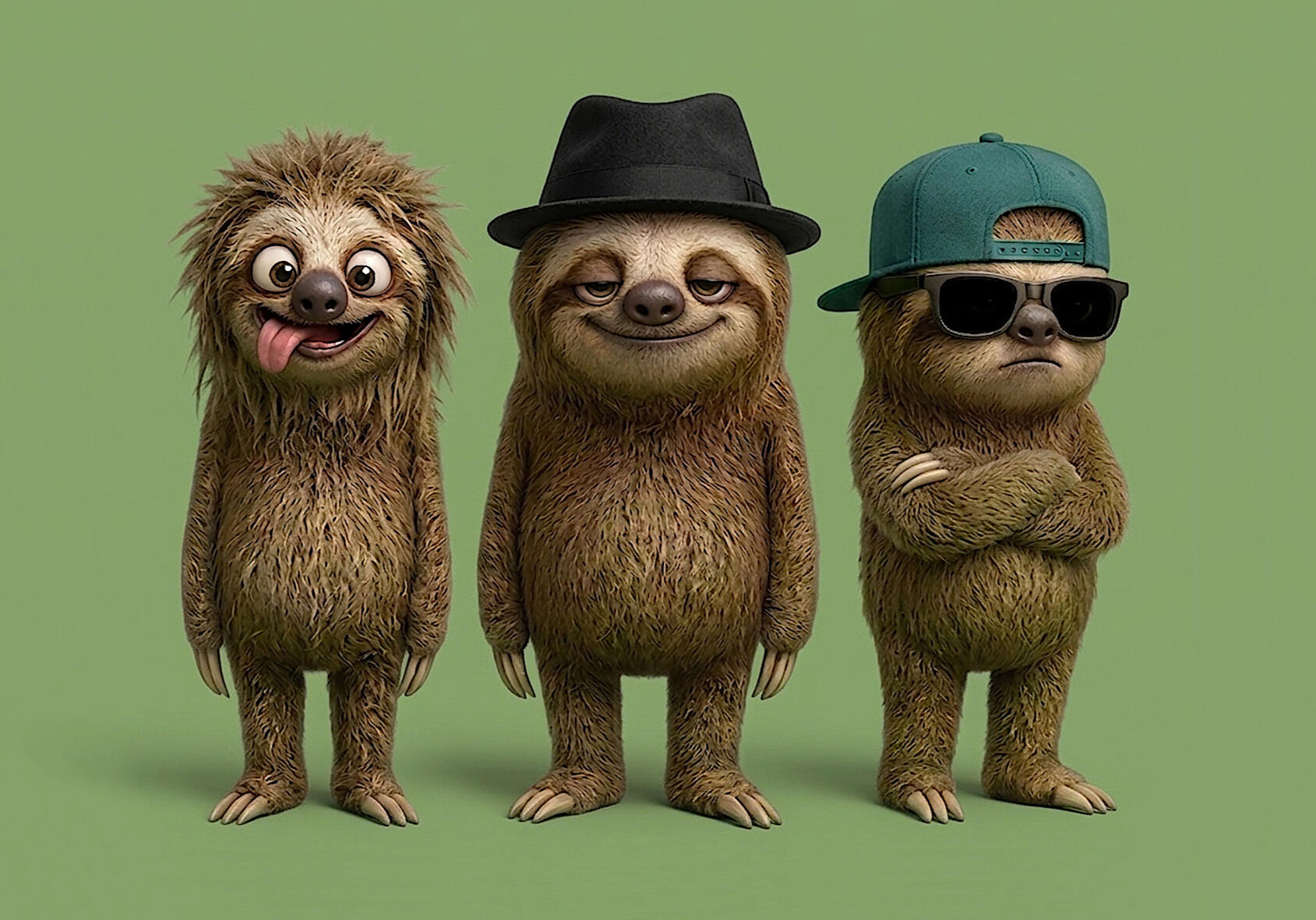Original illustration of the Sloth Wagon band mascots: Rossloth McMellow, Broslothius Yawnsworth, and Slothario Snorewell. Copyright © 2026 Sloth Wagon. All rights reserved.