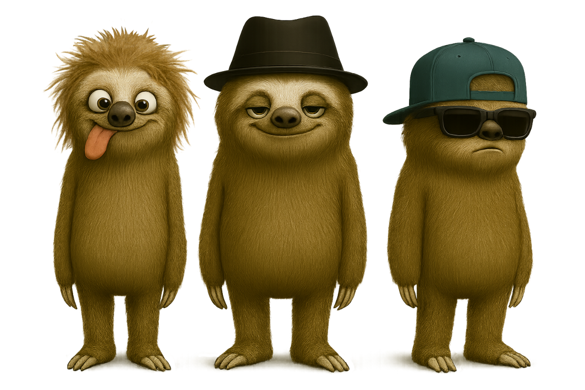 Original illustration of the Sloth Wagon band mascots: Rossloth McMellow, Broslothius Yawnsworth, and Slothario Snorewell. Copyright © 2026 Sloth Wagon. All rights reserved.
